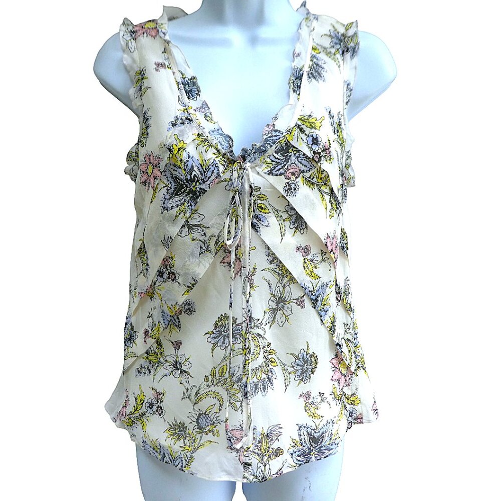 SiLK Max and Cleo Frilly Floral Top Ruffles Pleated V Neck Tie Sleeveless Lined